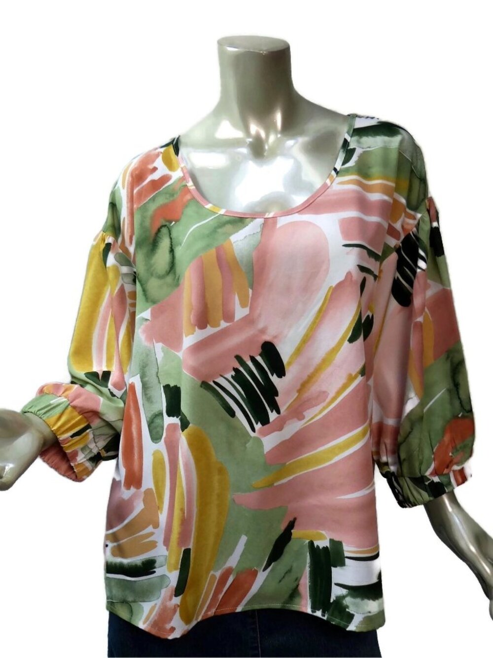Simple by Suzanne Betro Knit Top Large Watercolor Pale Green Pink Puffed Sleeves